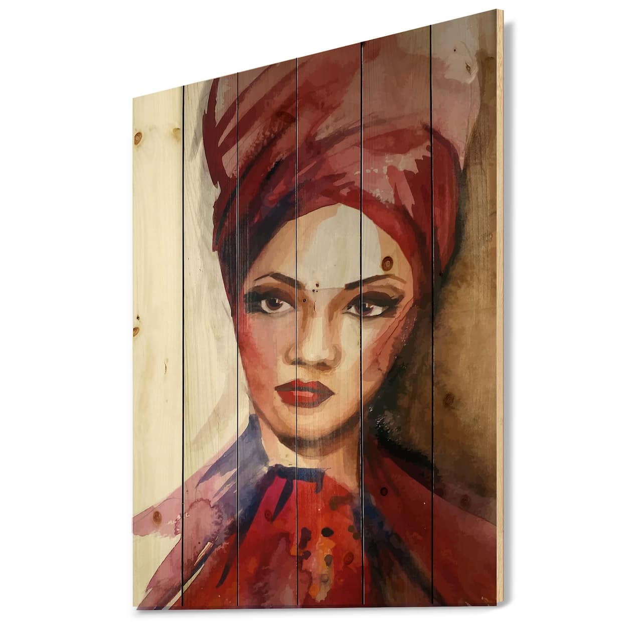 Designart - Portrait of Young Afro American Woman I - Modern Print on Natural Pine Wood